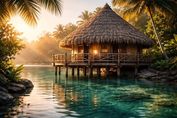 Fototapeta premium Tropical bungalow over clear blue water surrounded by palm trees at sunset