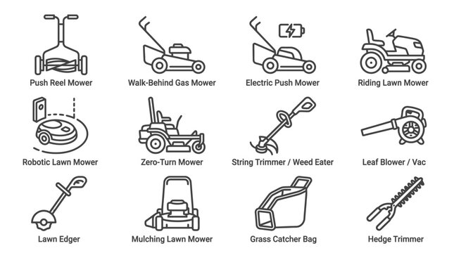 Gardening Equipment Icons: Lawn Mowers, Trimmers, Blowers, Edgers, and more