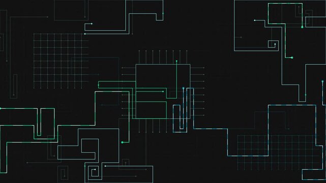 Flat circuit board schematic grid diagram displayed on a dark background screen