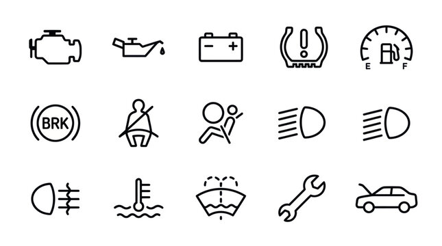 Car dashboard warning and vehicle maintenance line icons.