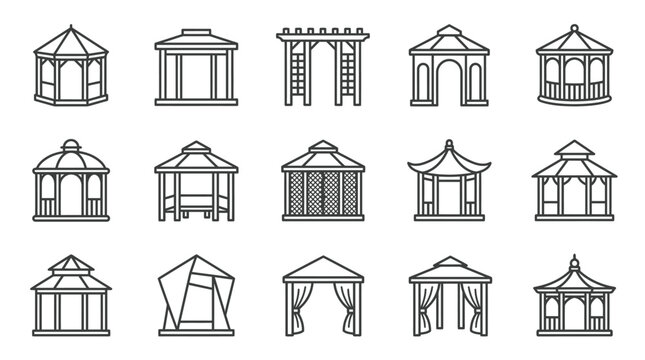 Garden Gazebo Icons Set: Outdoor Pavilions, Pergolas, and Arbors - Line Art Collection