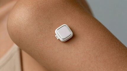 Fototapeta premium Macro photography of white continuous glucose monitoring sensor device attached on clean skin for diabetes management