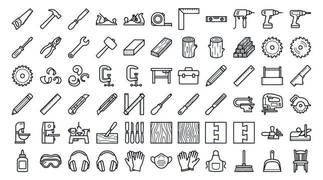 Carpentry and woodworking tools line icons.