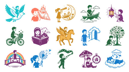 Fototapeta premium Children's Imagination Dreams Vector Icons: Fantasy, Adventure, Reading, Nature