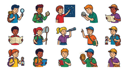 Fototapeta premium Cheerful Cartoon Vector Illustration: Kids Exploring, Learning, and Discovering Nature Science for Education.
