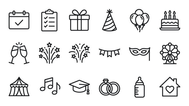 Celebration party events and entertainment line icons.