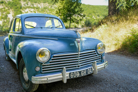 A classic blue Peugeot 203, built between 1948 and 1960 by the French automaker Peugeot in Sochaux. The 203 was Peugeot&rsquo;s first newly developed model after World War II.