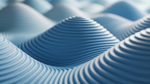 Abstract blue and white layered conical shapes create a textured, wave-like pattern