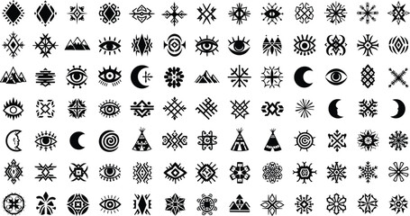 Tribal bohemian mystical symbols set with eyes, moons, mountains, stars, tipi tents, and geometric sacred patterns © Amazing2026