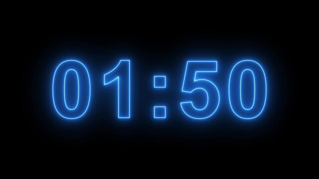 Neon 2 minute countdown animation from 120 seconds to 0 seconds on a transparent background, Neon two minute countdown timer with alpha channel.