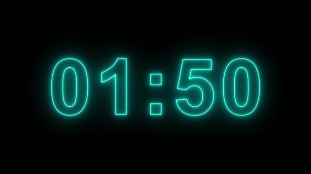 Neon 2 minute countdown animation from 120 seconds to 0 seconds on a transparent background, Neon two minute countdown timer with alpha channel.