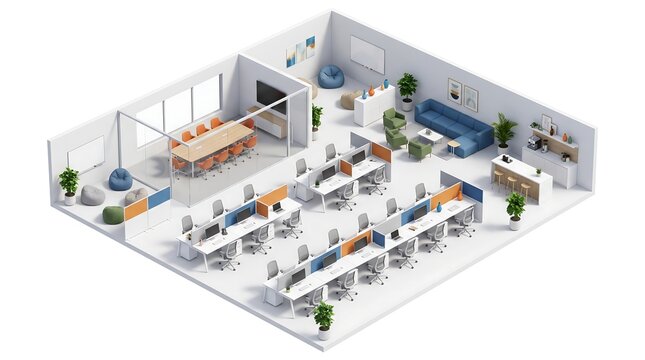 Modern open plan office interior with workstations, meeting room, lounge area and kitchen