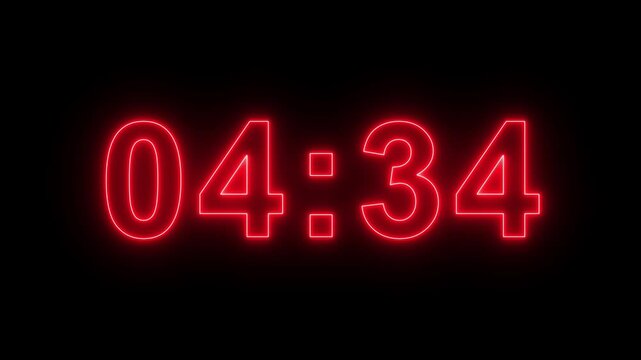 Neon 5 minute countdown animation from 300 seconds to 0 seconds on a transparent background, Neon two minute countdown timer with alpha channel.