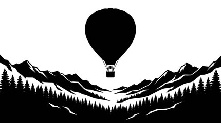 Hot air balloon soaring over mountain valley silhouette © Sahabat