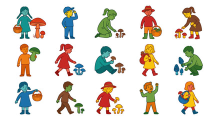 Fototapeta premium Children Mushroom Picking Cartoon Flat Line Art Illustration Set. Kids Foraging in Nature Outdoor Activity.