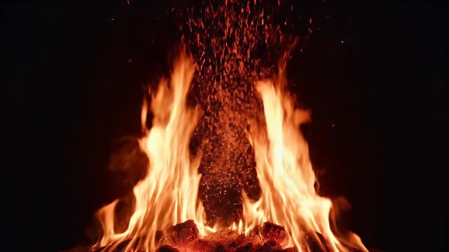 Close-up of a bonfire with glowing embers and dancing orange flames rising upwards