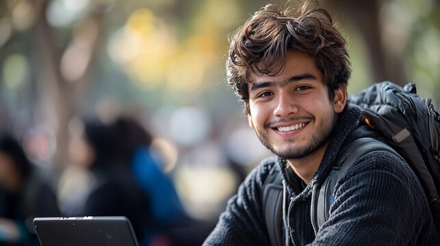 Smiling young man with backpack outdoors, using tablet.  Happy student