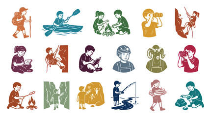 Obraz premium Retro Style Camping Kids Activities Vector Icons Set