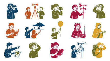 Obraz premium Flat Icon Set: Kids Exploring Nature, Science, and Outdoor Activities