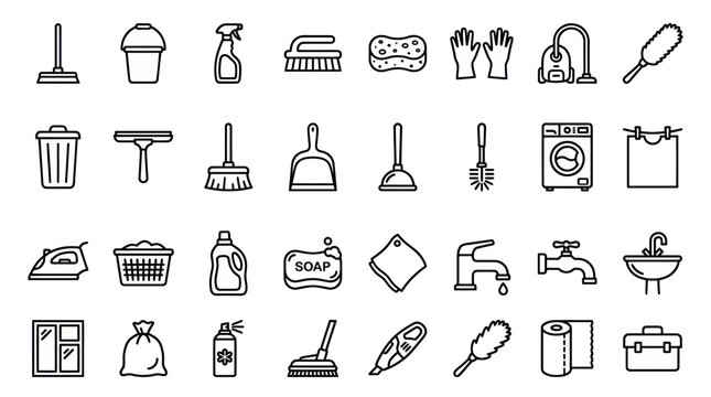 Cleaning and household chore line icons