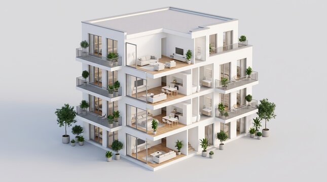 3d isometric crosssection of a modern multistory residential apartment building with furnished rooms and balconies isolated on white background