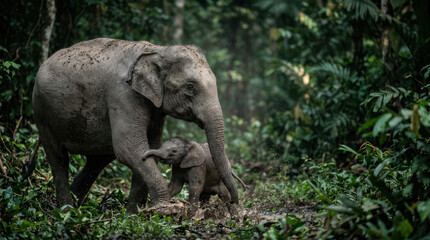 Fototapeta premium Mother Elephant and Calf Walking Through Lush Green Forest.