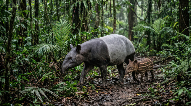 Mother and baby tapir walking through a lush green rainforest jungle.