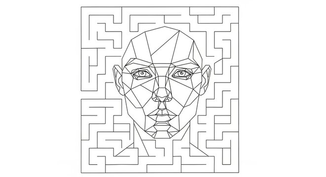 Black and white geometric face within a maze