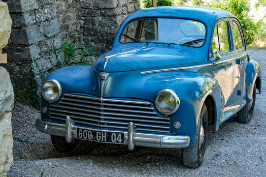 A classic blue Peugeot 203, built between 1948 and 1960 by the French automaker Peugeot in Sochaux. The 203 was Peugeot&rsquo;s first newly developed model after World War II.