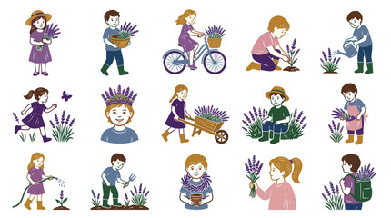 Fototapeta premium Cartoon Children Gardening Lavender Flowers Vector Illustration Set. Kids Planting, Watering, Harvesting Plants.