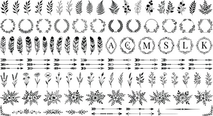 Botanical floral and feather elements with monogram circles and arrows for rustic wedding invitations and branding © Creative Wings