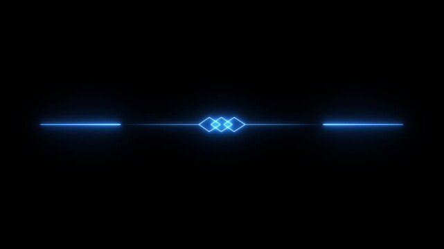 Glowing Blue Divider Line with Geometric Diamond Shapes on Dark Black Background Featuring Symmetrical Minimal Light Border Design ornamental divider line. 