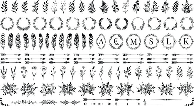 Botanical floral and feather elements with monogram circles and arrows for rustic wedding invitations and branding