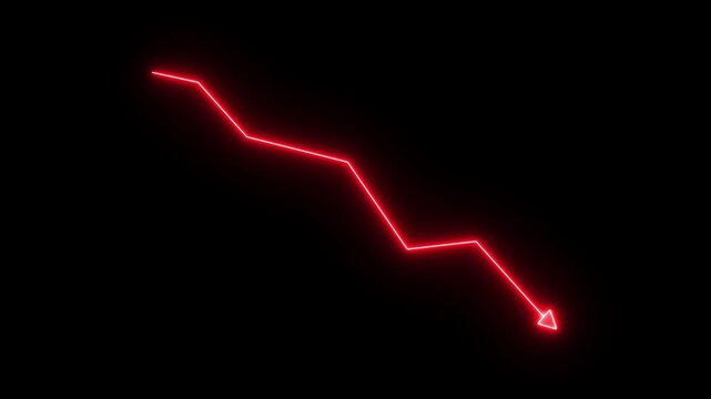 Downward Arrow with Red Neon Glow on Dark Black Background Featuring Zigzag Declining Trend Line in Minimal Financial Chart Style