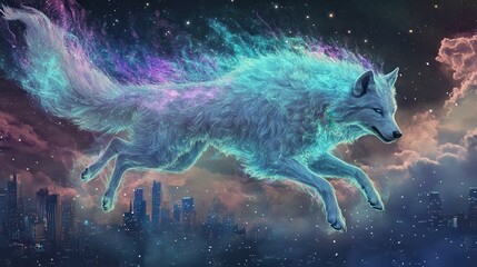 Fototapeta premium A glowing fox jumps in a colorful night sky over a city with dark clouds and bright stars visible in the background here