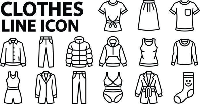 Minimalist outline clothes line icons vector set featuring casual modern apparel fashion wardrobe items for retail design