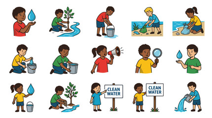 Fototapeta premium Children's Water Conservation and Environmental Protection Cartoon Vector Illustration Set