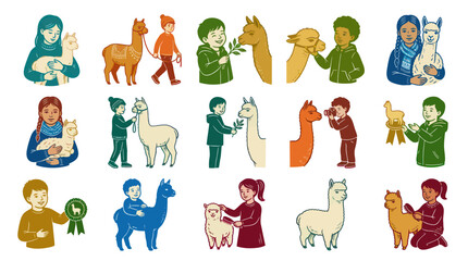 Obraz premium Alpaca and People Vector Illustration Set for Farming, Animal Care, and Pet Enthusiasts