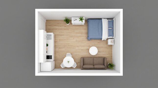 Top view of a modern studio apartment interior with kitchen, living room, and bedroom area