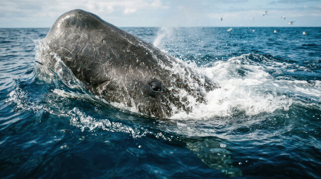 Sperm whale surfacing from the ocean water with spray.