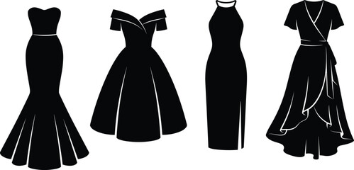 Women fashion apparel vector icons collection showing different formal gown silhouettes prom dresses and party clothing designs illustration © nice