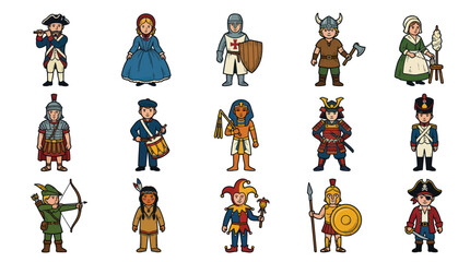 Fototapeta premium Flat Style Historical Figures Vector Icons: Warriors, Royalty, Leaders