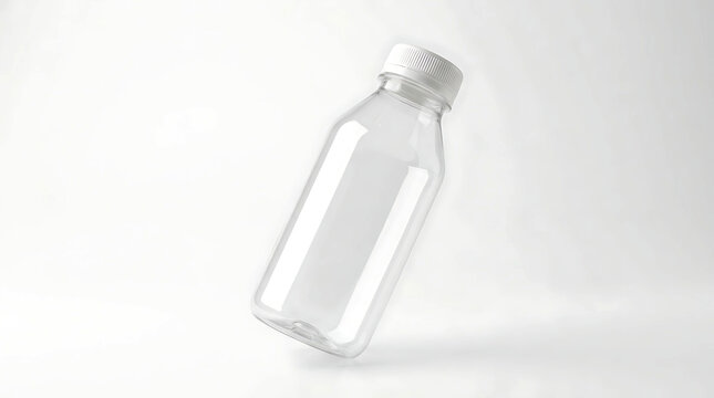 Empty small clear plastic bottle with a white cap for juice or water beverage product.