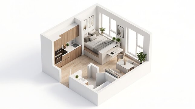 Isometric 3d render of a modern small studio apartment with kitchen, bedroom, living area and bathroom isolated on white background