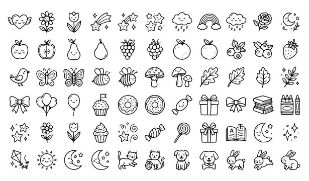 Hand Drawn Kids Doodle Vector Set with Cute Hearts Flowers Fruits and Playful Icons