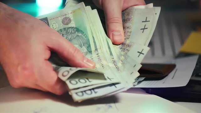 Hands Counting Stack of Polish Zloty Banknotes at Desk