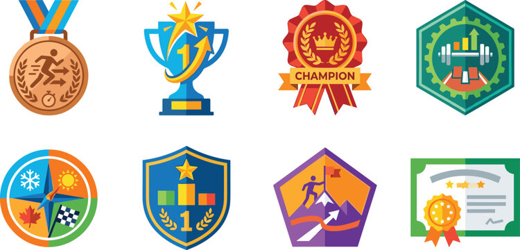 Sports awards and achievement badges icon collection vector illustration isolated on white background