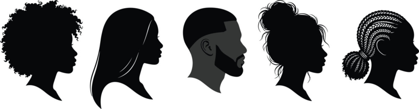 Black people profile silhouette icon set featuring afro hair braids dreadlocks bun hairdo and bearded man vector illustration