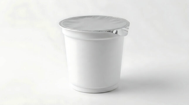 Blank white plastic cup with a silver foil lid for yogurt or dairy dessert packaging.