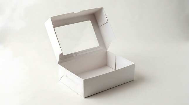 Open empty white cardboard box with a clear plastic window for food or gift packaging.